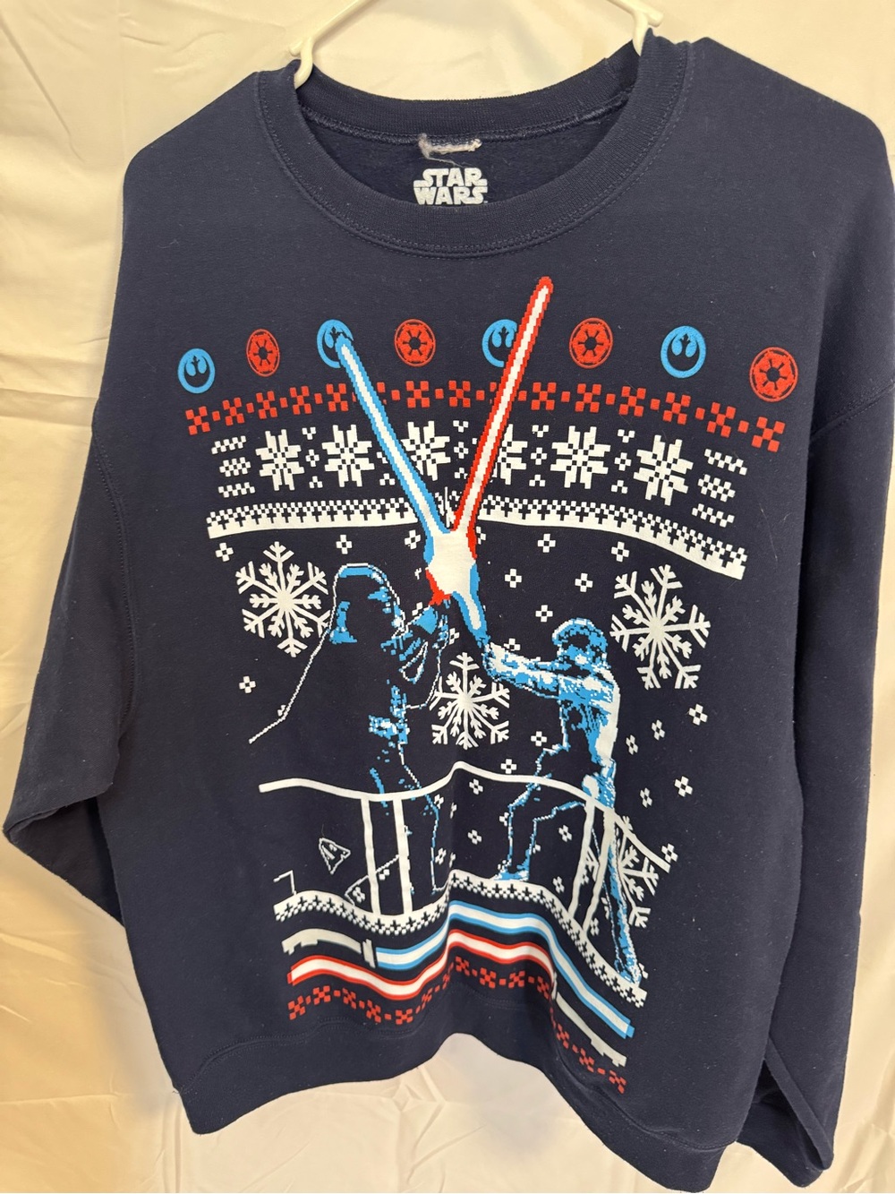 Star Wars Men's Navy Blue Lightsaber Holiday Crewneck Sweater